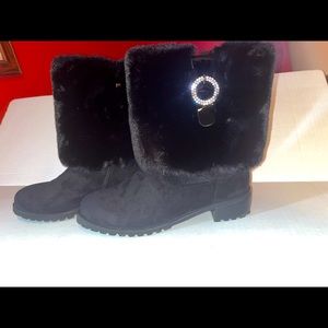 Midnight Velvet Black Sequined Buckled & Fur WMNS Boots SIZE: 10M